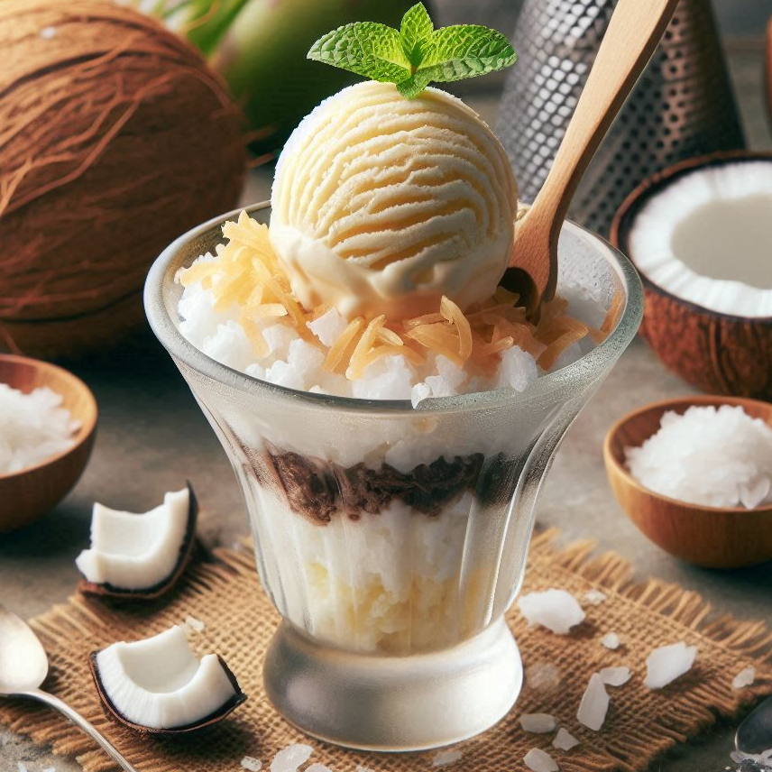 ice cream with sticky rice in a glas topped with coconut grater